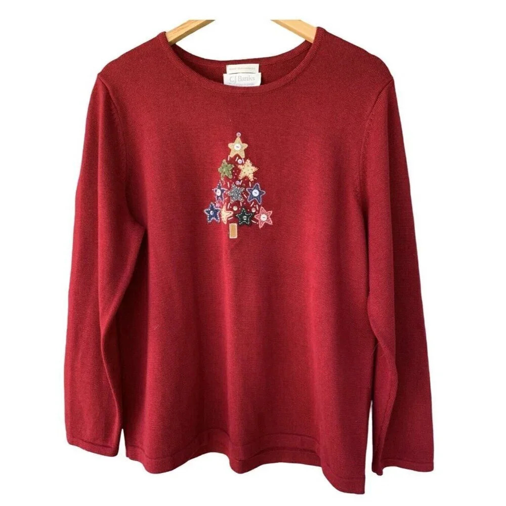 CJ Christopher Bank Hand Embroidered Christmas Tree Burgundy Long Sleeve Size 1X
